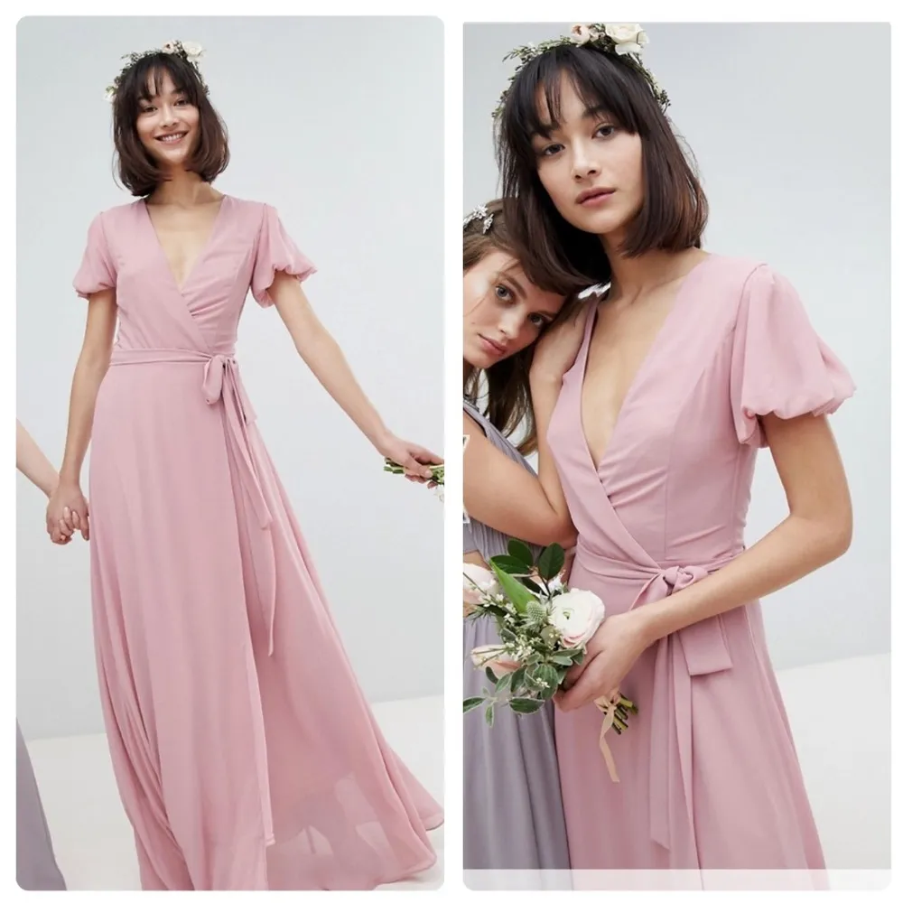 tfnc LONDON ASOS Katia Maxi Wrap Dress in Vintage Rose Puff Sleeves Size 12 NEW - Image 9