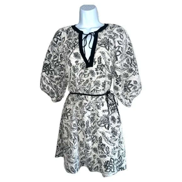 Zara Jacquard Floral Puff Sleeve Mini Dress Black White Size L - Image 2