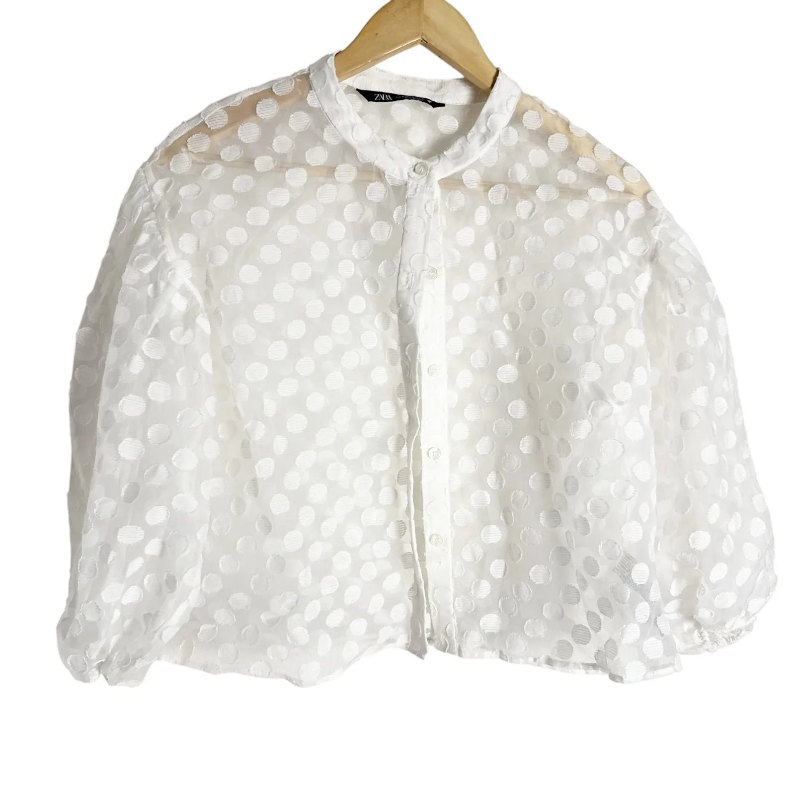 Zara White Polka Dot Sheer Organza 3/4 Sleeve Cropped Button Up Blouse Size M - Image 2