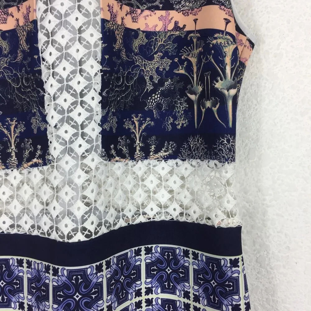 Clover Canyon Lace Inset Neoprene Marine Garden Floral Midi Dress Large Cocktail - Image 9