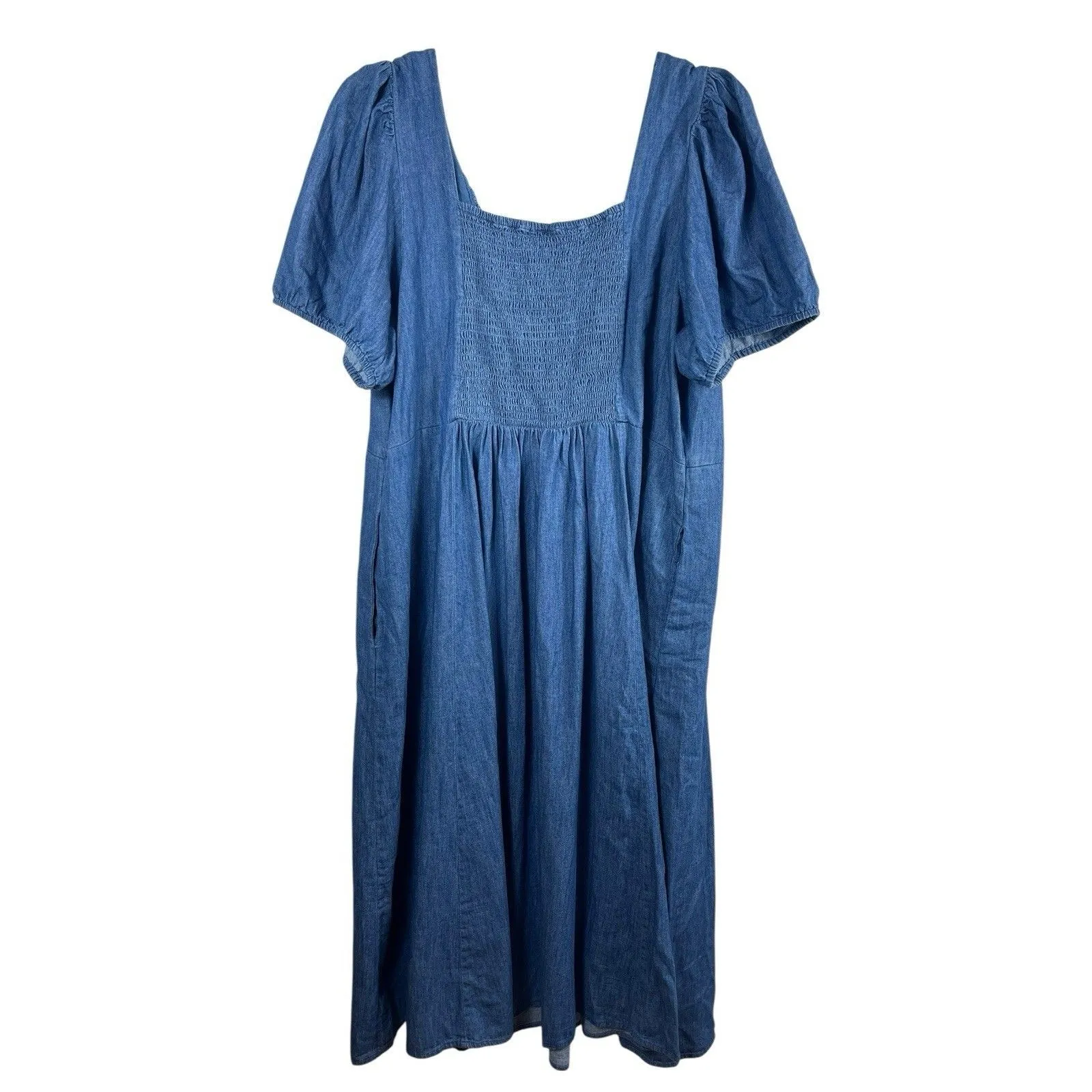 Old Navy 3X Blue Denim Midi Dress Puff Sleeve Empire Waist Smocked Back Coquette - Image 5