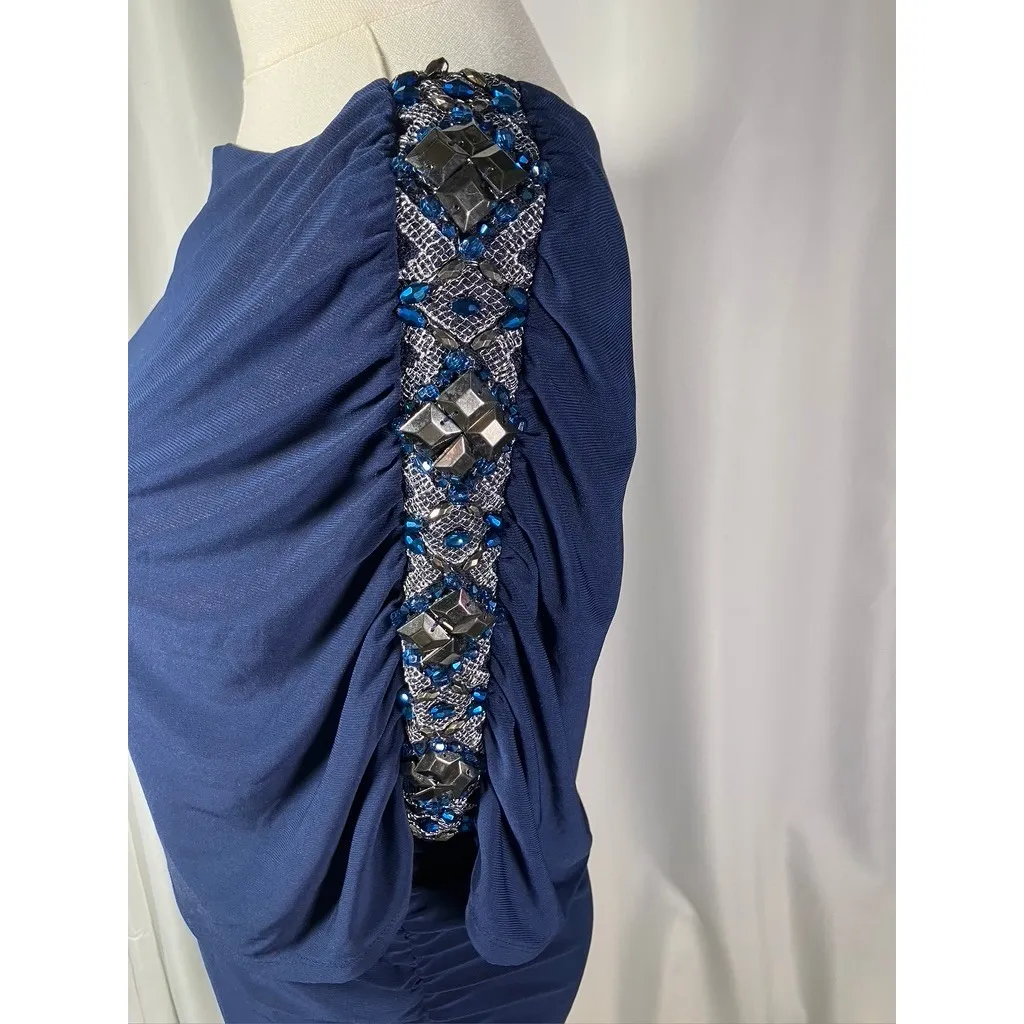 Midnight Velvet Womens Navy Blue Embellished Ruched Evening Gown Dress Size 6 - Image 3