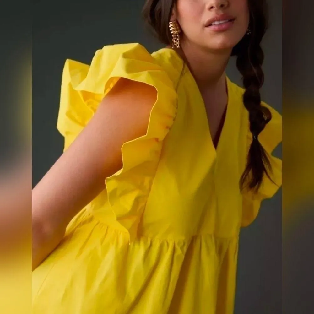 Anthropologie Maeve Yellow‎ V-Neck Flutter-Sleeve Babydoll Dress Small NWT - Image 10