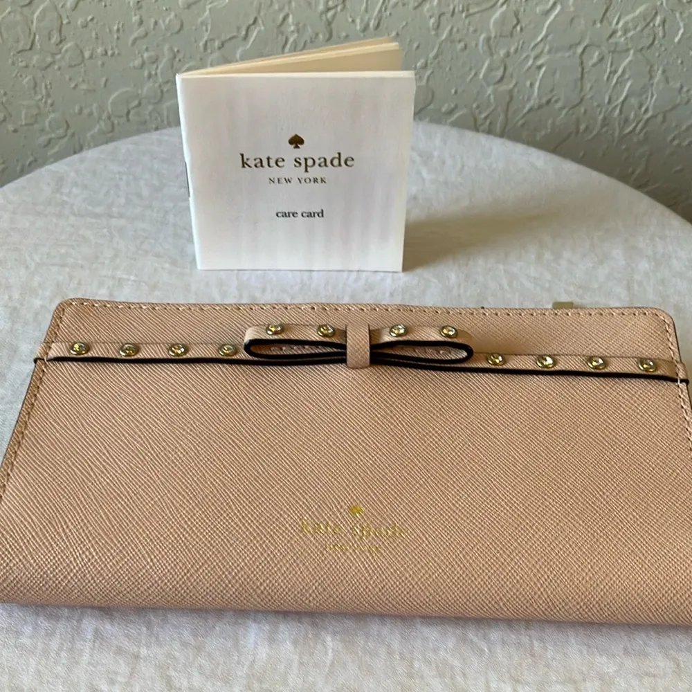 Kate Spade: Blush Pink Laurel Way Jeweled Bow Saffiano Leather Wallet- 12 slots - Image 13