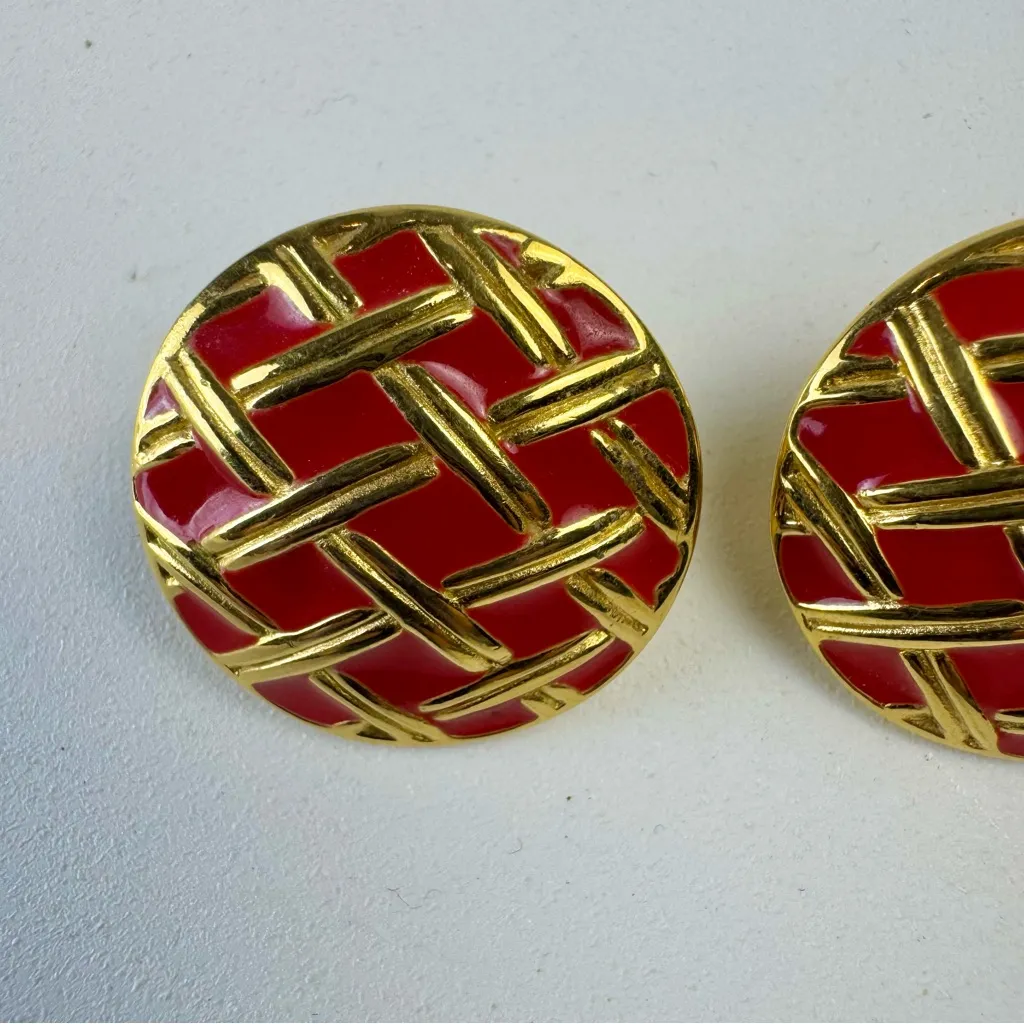 Vintage Givenchy 1980s Red Enamel Gold Tone Round Pierced Earrings Signed Rare - Image 2