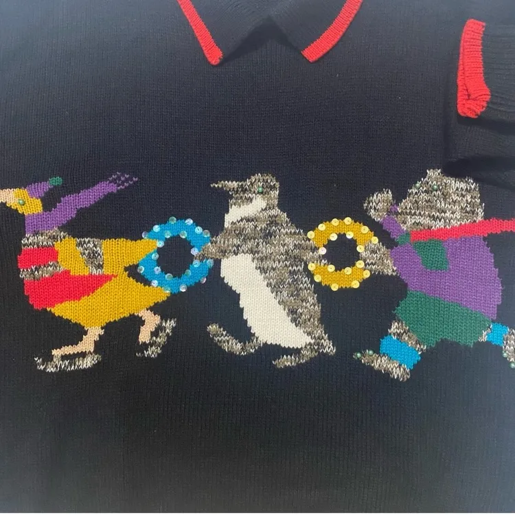 Vintage 90s Emanuel Donna collared sweater winter animals beaded sequins M Black Size M - Image 6