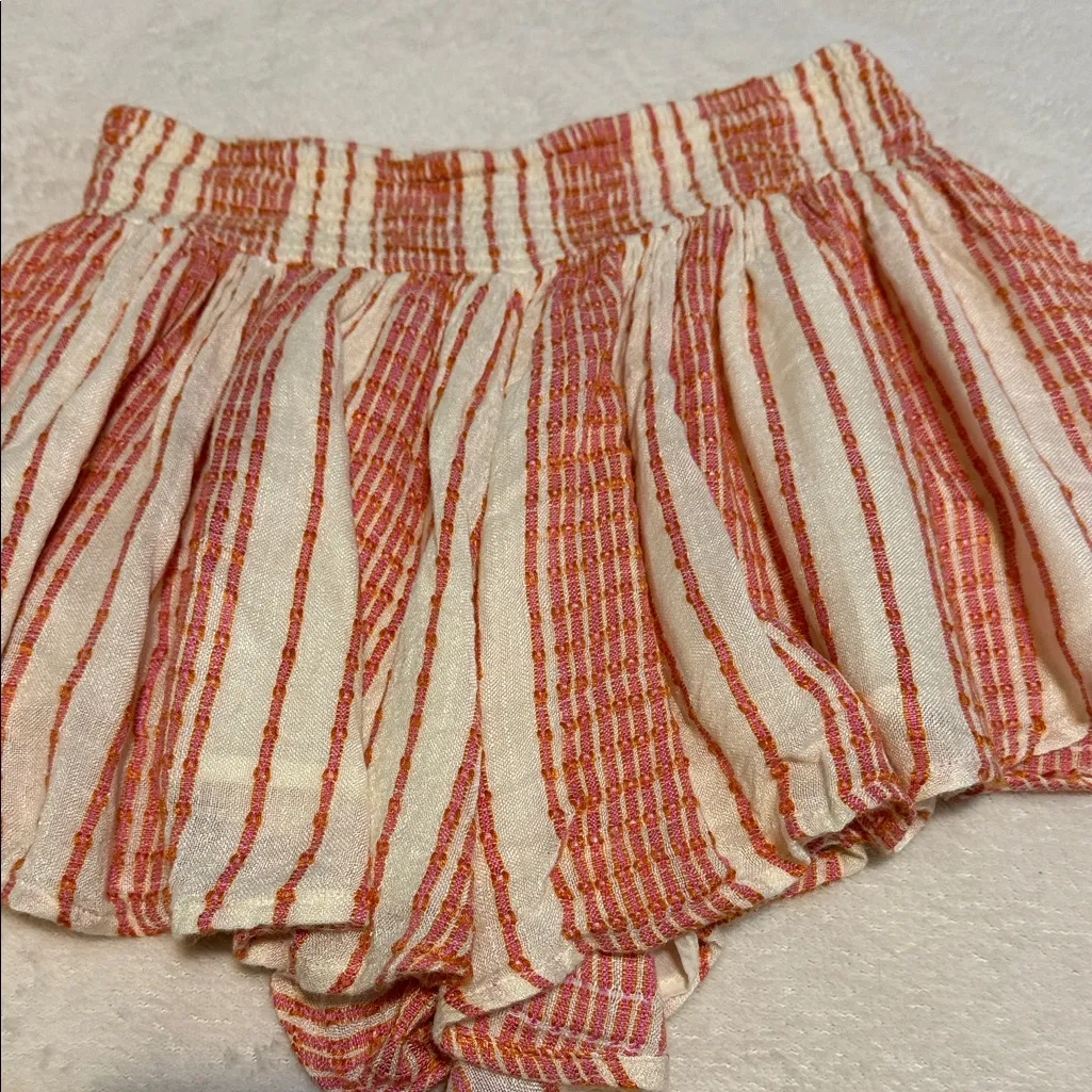 Free People She Will Be Loved Cream and Pink Striped Ruffle Shorts - Image 5