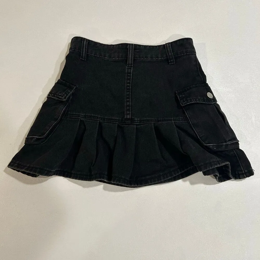 Black Denim Ruffle Cargo Mini Skirt XS Y2K Utility Streetwear - Image 2