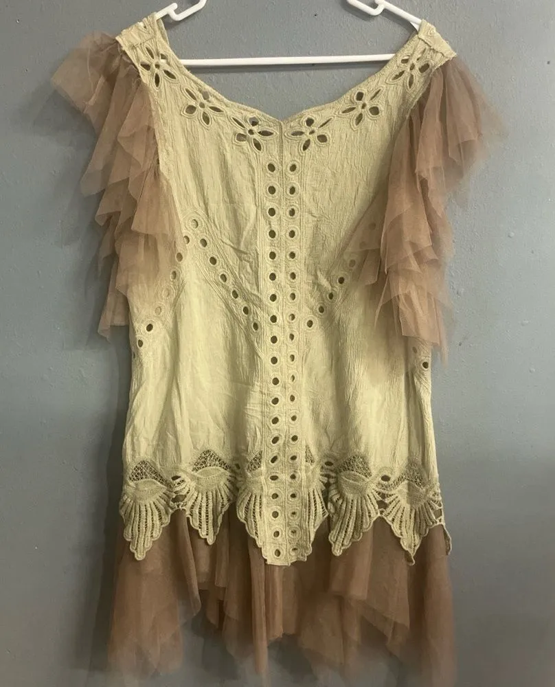 Elegant cream and tan tulle eyelet fairycore whimsygoth tinkerbell tunic M/L #73 - Image 1