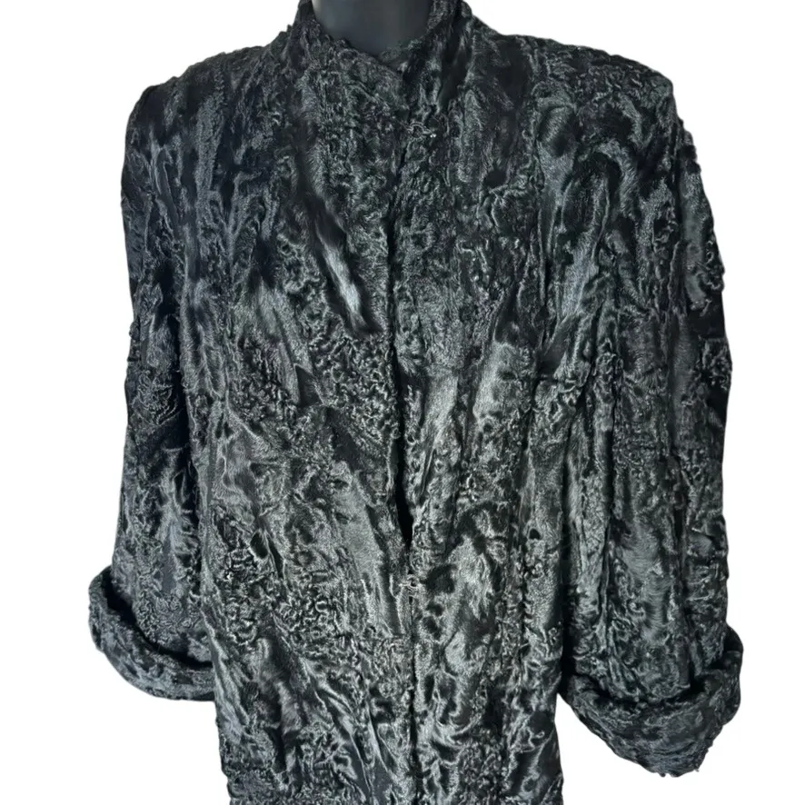 Vintage Custom Persian Lamb Broadtail Coat 1950s? Large? Bell Sleeves Mid Length Black - Image 3
