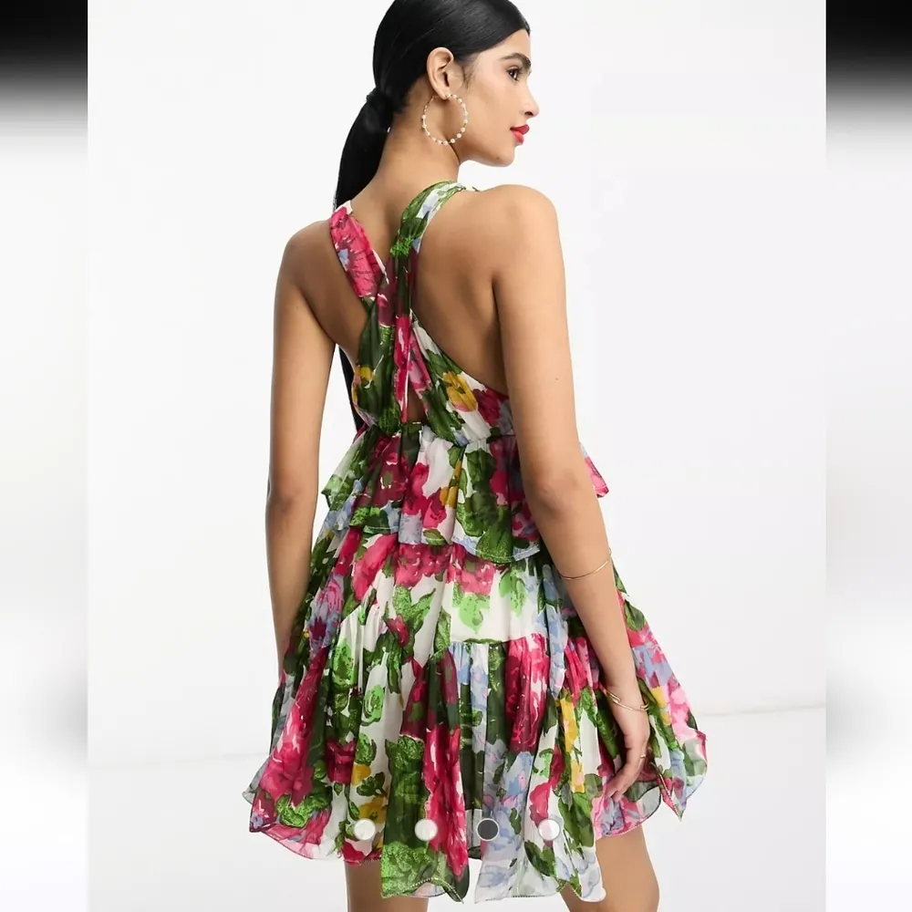 NWT ASOS DESIGN plunge pleated tiered mini dress in white based floral Sz 12 - Image 2