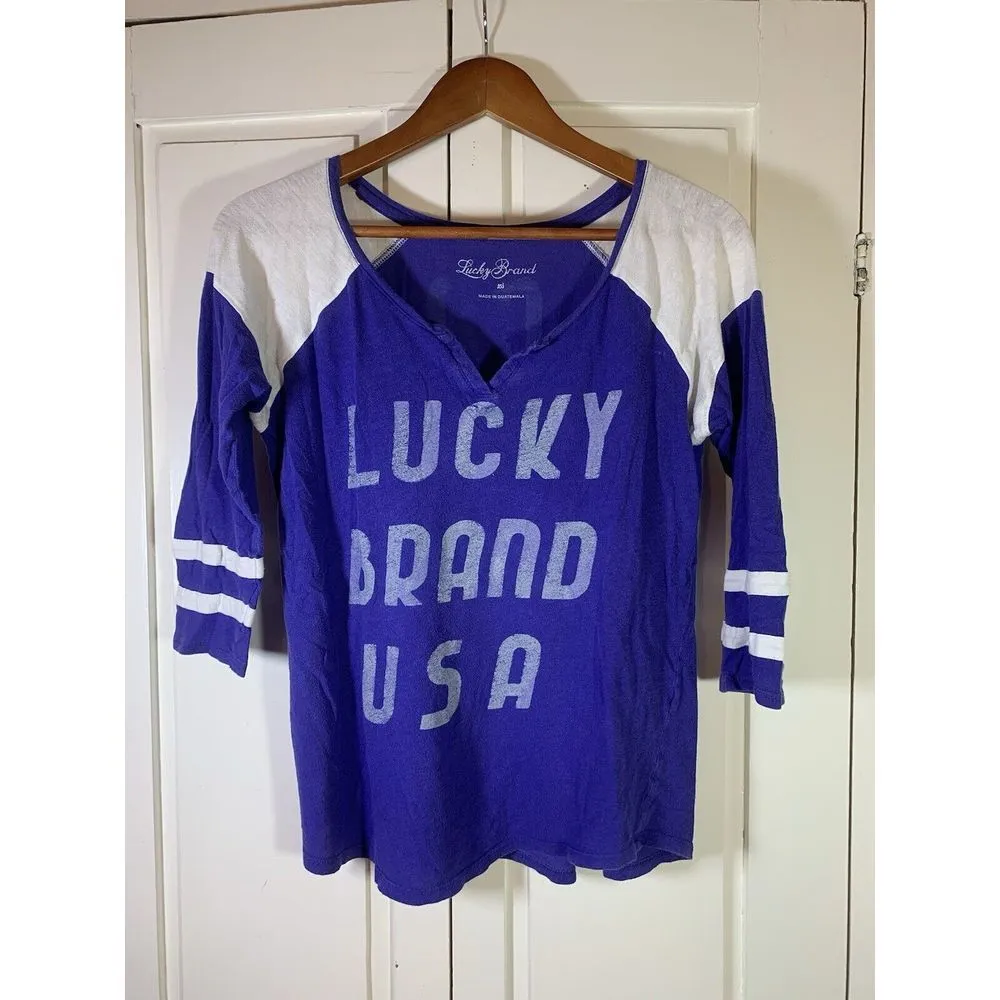 Y2K Lucky Brand Shirt Womens XS Colorblock Purple‎ Sporty 3/4 Sleeve READ - Image 3