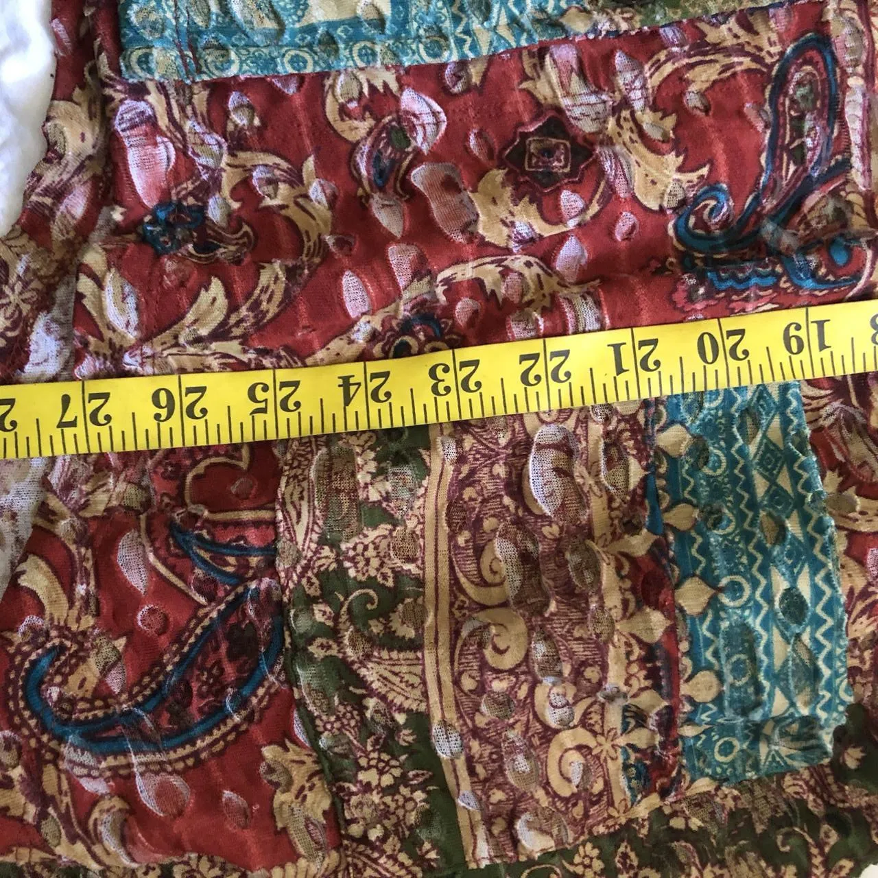 2000s Boho Indie Hippie Button Front patchwork distressed blouse shirt tunic top front pockets asymmetrical handkerchief hem - Image 6