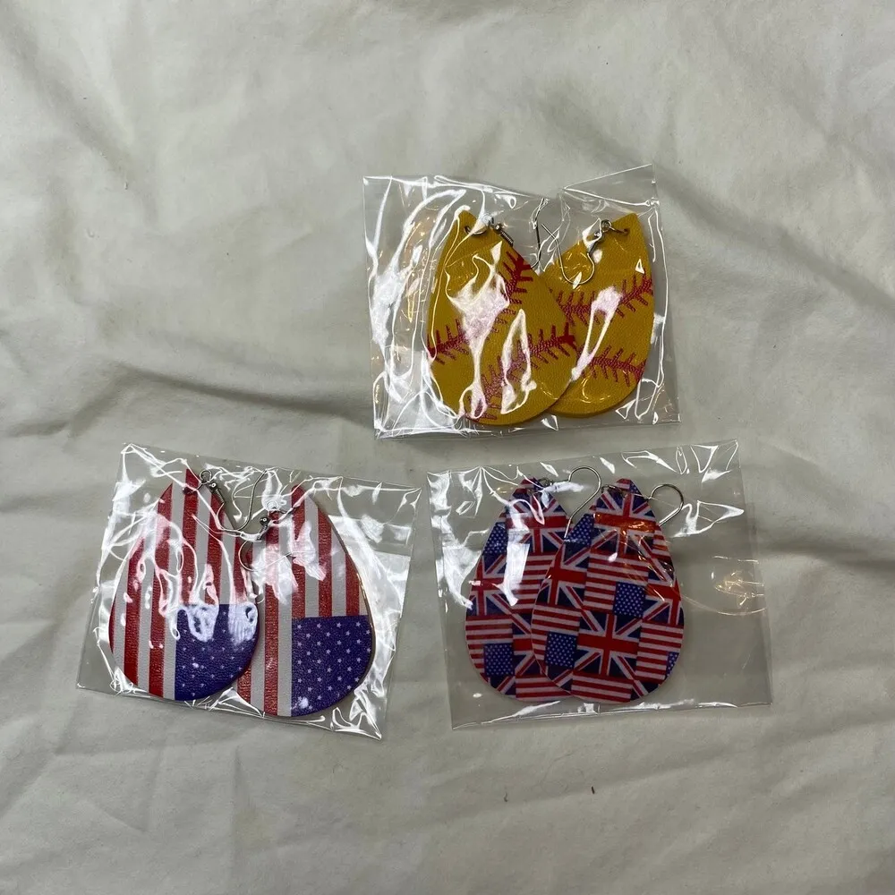 Faux Leather Softball American Union Jack Earrings Red - Image 5