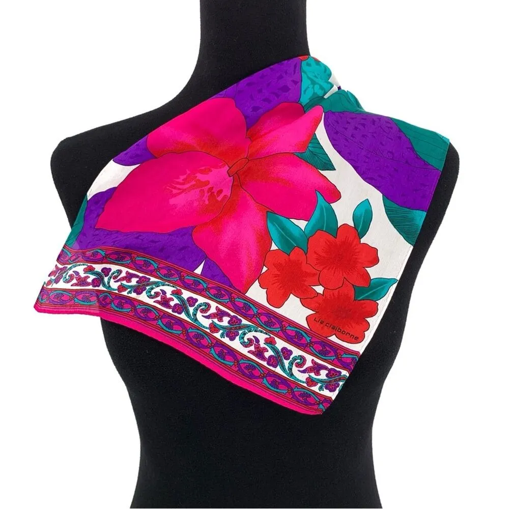 VTG LIZ CLAIBORNE Floral Neck Scarf Red Purple Pink Green - Image 3