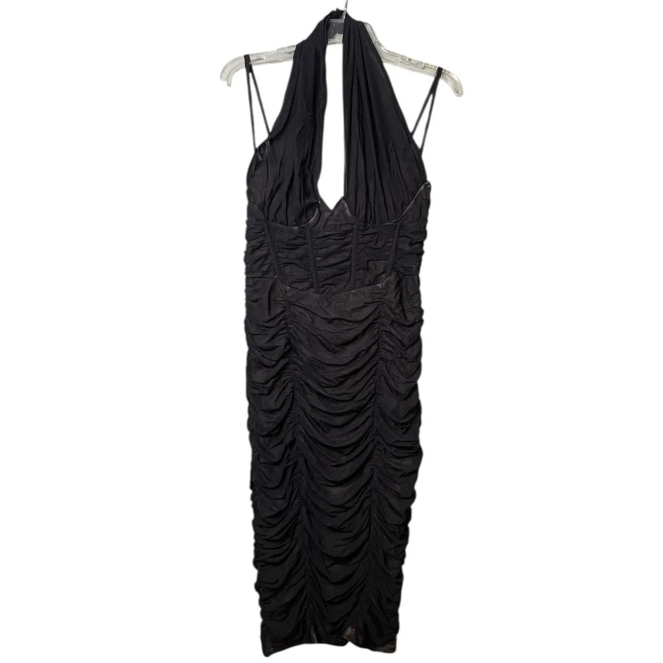 PrettyLittleThing Dress Womens US 6 Black Halter Ruched Bodycon Midi Party - Image 2