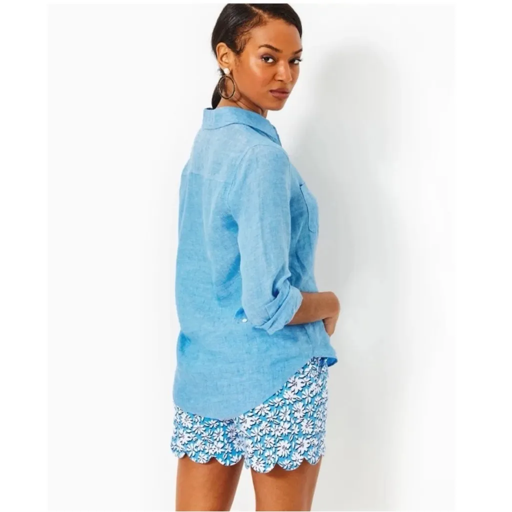 Lilly Pulitzer Sea View Button Down Linen Shirt in Blue - Image 4