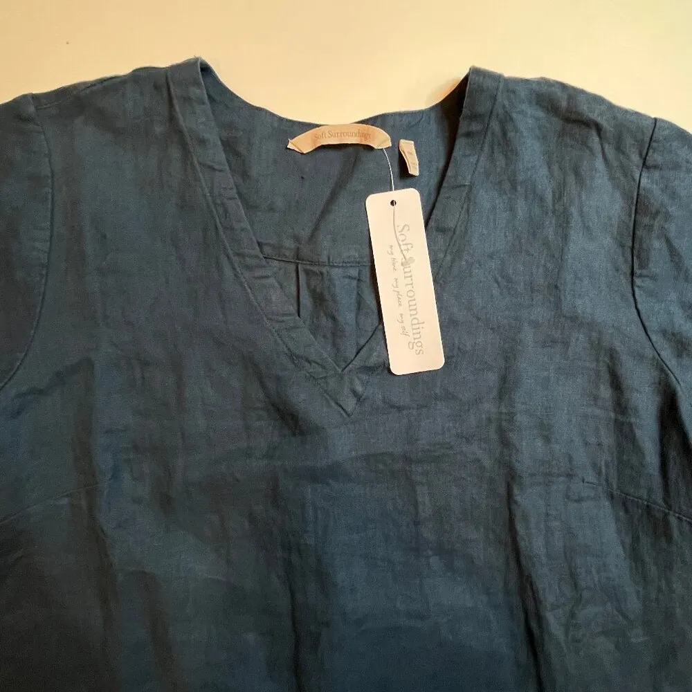 Soft Surroundings Milano Linen Dress Sunstruck SZ PM Blue Navy Long Sleeve Knee - Image 5