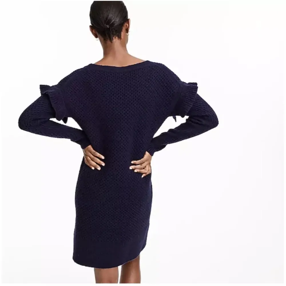 J Crew Cable Knit Ruffle Sleeve Navy Sweater Dress Size S Knee Length Preppy - Image 13