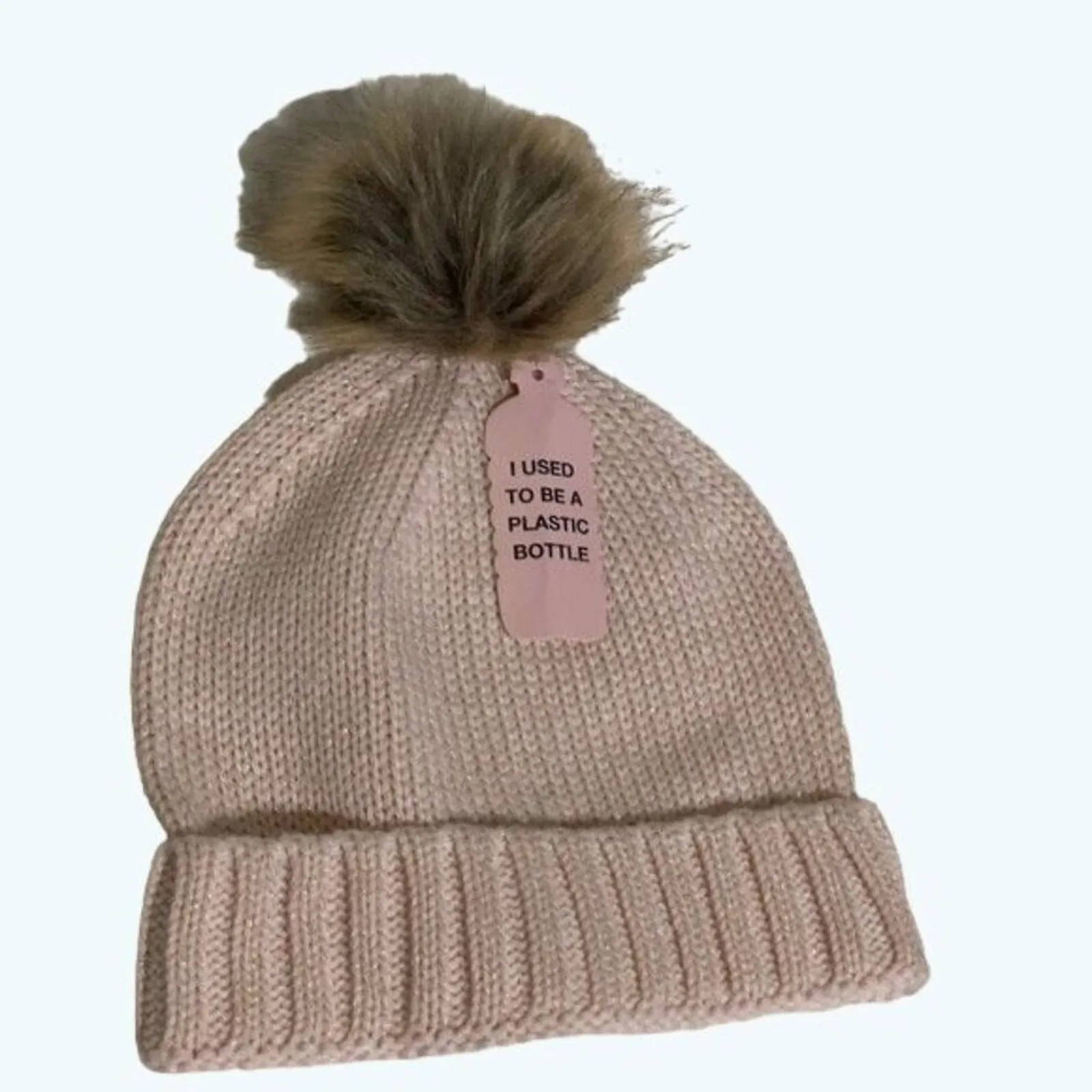 Serra Pink Knit Beanie Metallic Gold Threads and Faux Fur Pom Pom NWT - Image 5