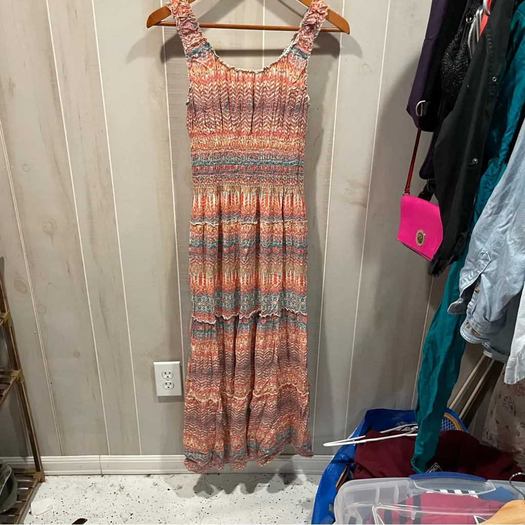 Cute stretchy tiered shell button front maxi dress aztec boho breezy smocked - Image 12