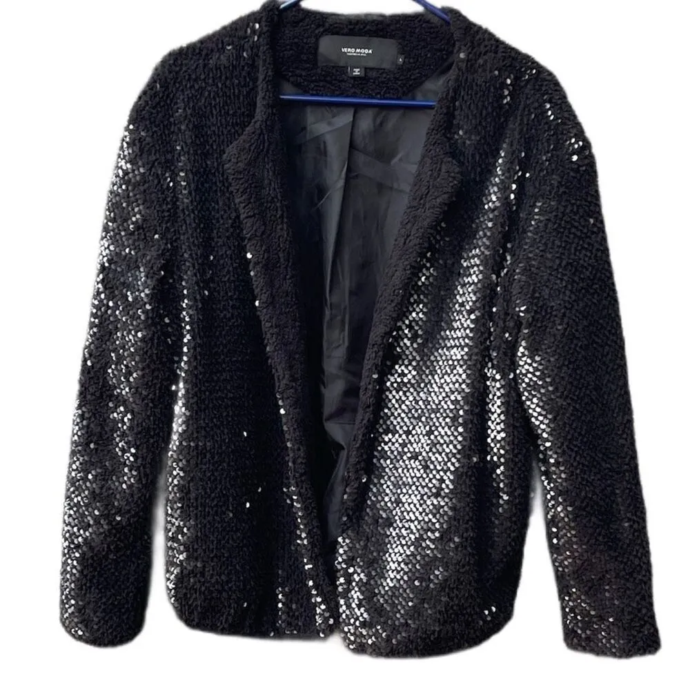 Vero Moda size L sequined faux fur Teddy style open front jacket - Image 2