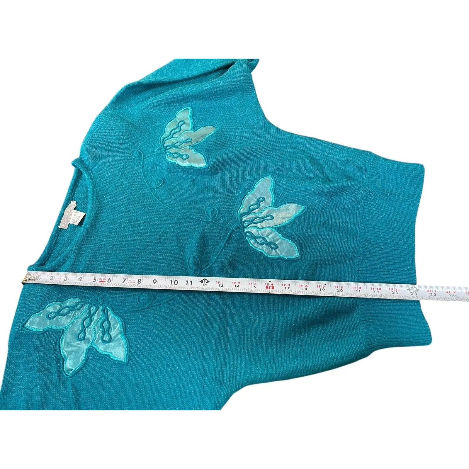 VTG White Stag Sweater L Teal Batwing Dolman Satin Applique 80s Retro Knit Furry - Image 4