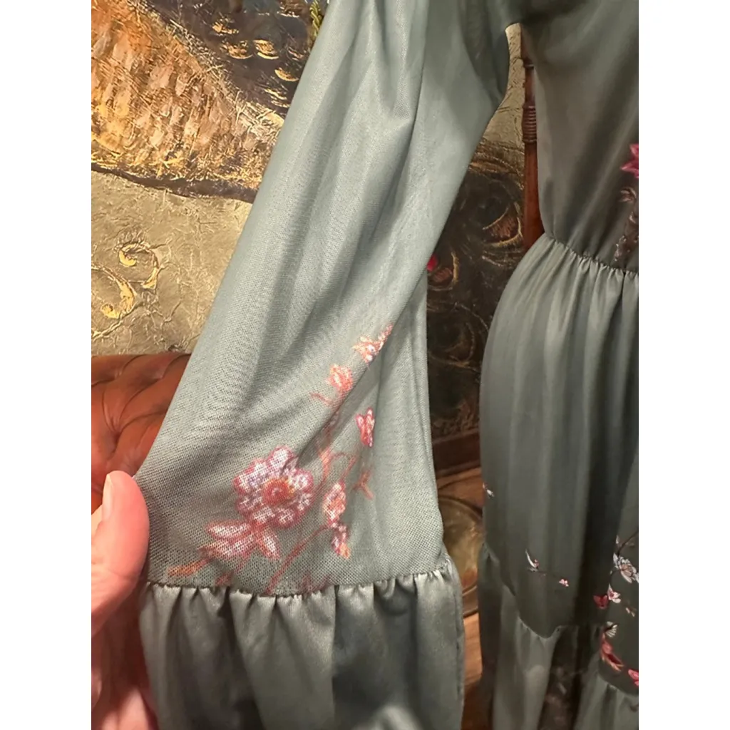 Women's Long Sleeve Floral Maxi Dress in Green and Pink, Size S - Image 7