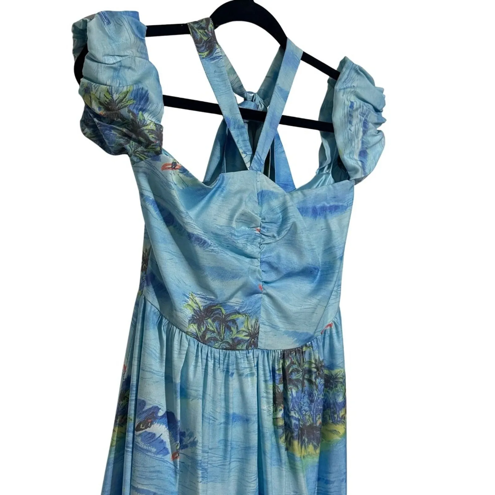 STAUD Viviana Blue Island Print Maxi Dress Off the Shoulder Halter Tie EUC Sz 2 - Image 5