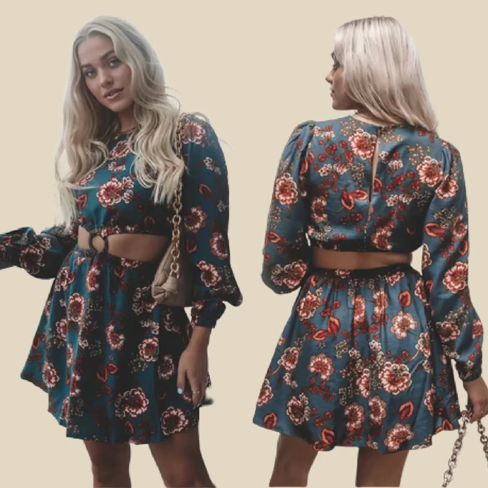 MinkPink Floral Cut Out Ring Long Sleeve Scoop Neck Olivia Mini Dress L - Image 7