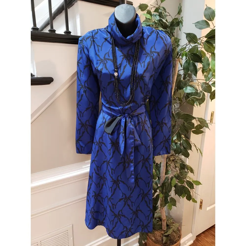 Vintage Caron Chicago Sheath Dress S Blue Patterned Cowl Neck Tie Waist Back Zip - Image 2