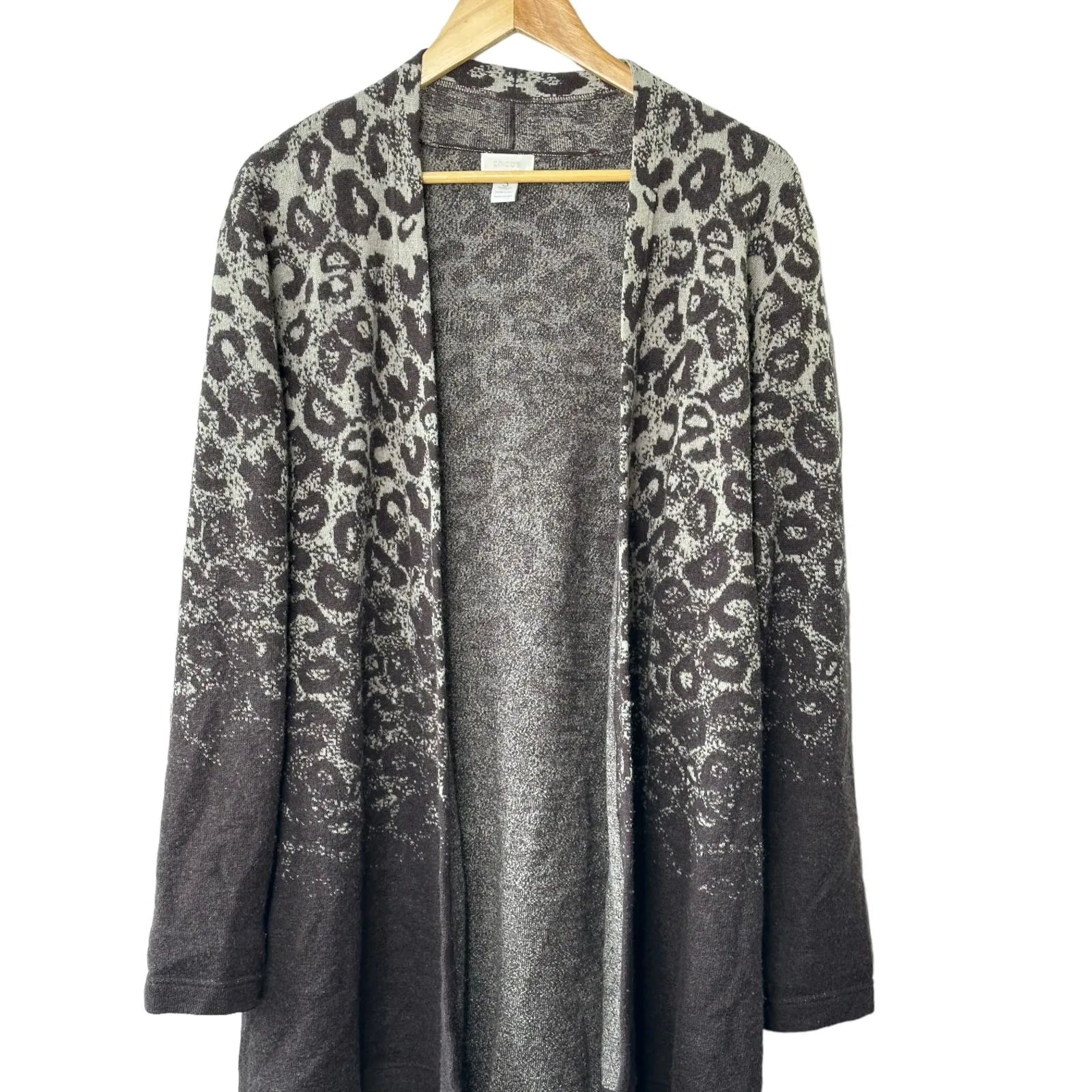 Chico's Brown Ombre Animal Print 100% Wool Open Front Sweater Jacket Sz 3 XL 16 - Image 2