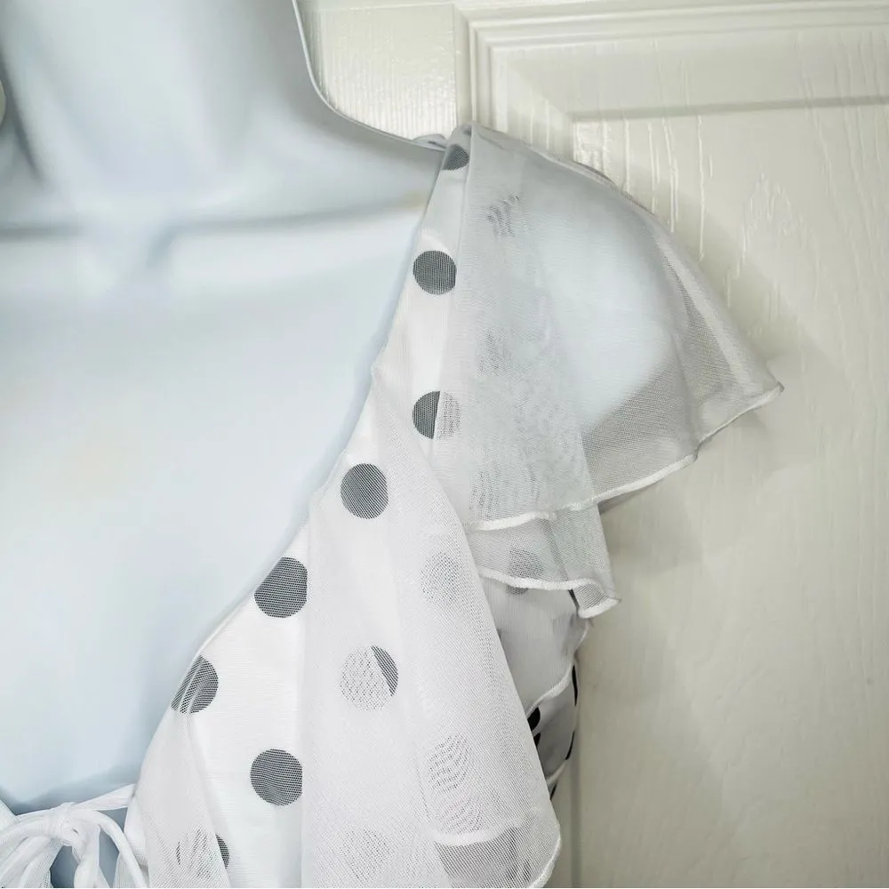 Unique Vintage Polka Dot Ruffle Sheath Swimsuit Mesh Ruffle Black White M NWT - Image 5