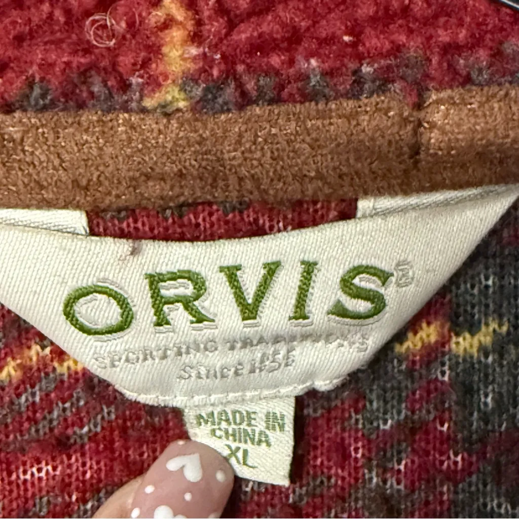ORVIS Teddy Sweater Fleece Women XL Red Tartan Plaid Texture Button Front Pocket - Image 2