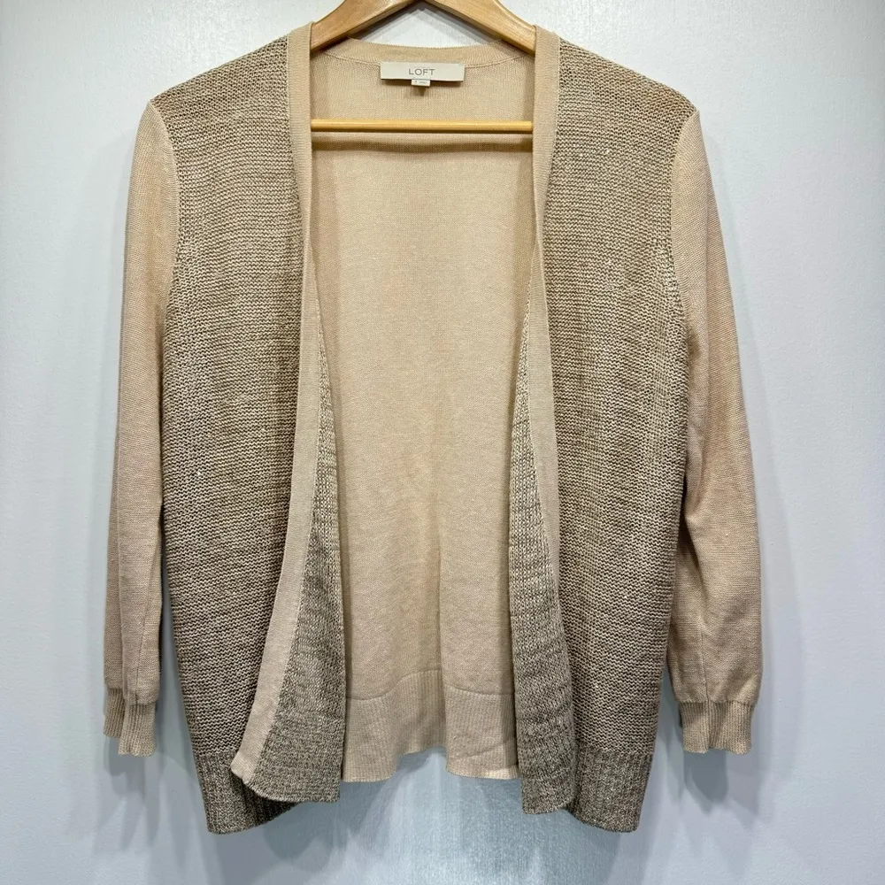 Loft Beige Linen Cotton Blend Mixed Knit Open Front Cardigan with Sequins Small - Image 5