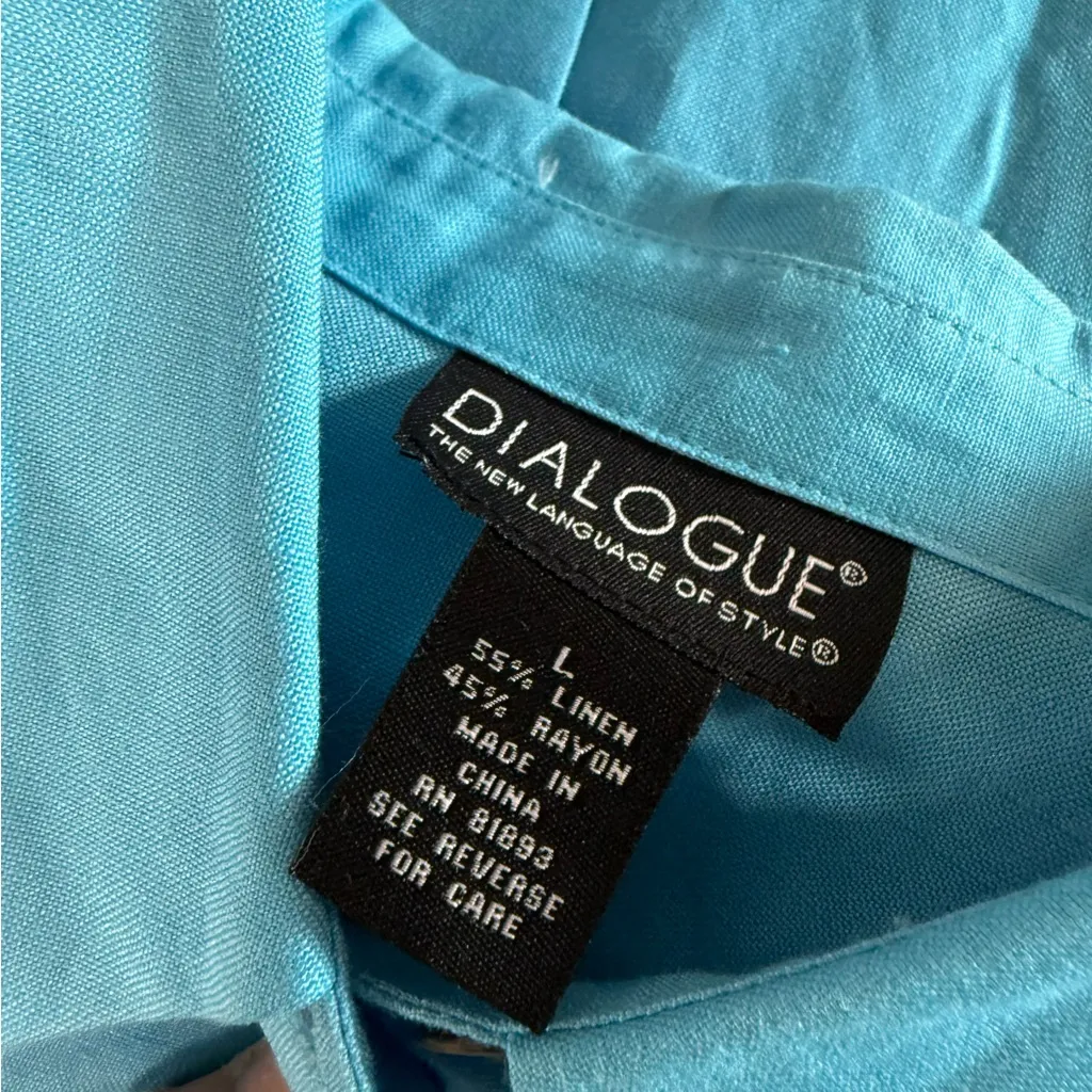Dialogue Women's Blue Linen Blend Button Down Long Length Tunic Blouse Shirt L - Image 5