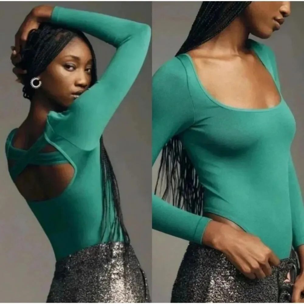Anthropologie Crisscross Back Long Sleeve Bodysuit | Green Stretch Top XXS/XS - Image 8