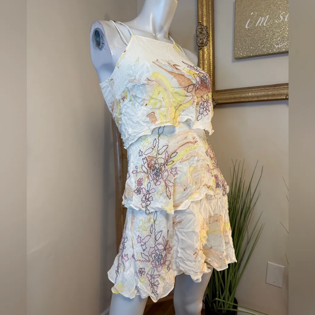 Anthropologie Tiered & Beaded Floral Dress 0P Not So Serious Pallavi Mohan Pink - Image 8