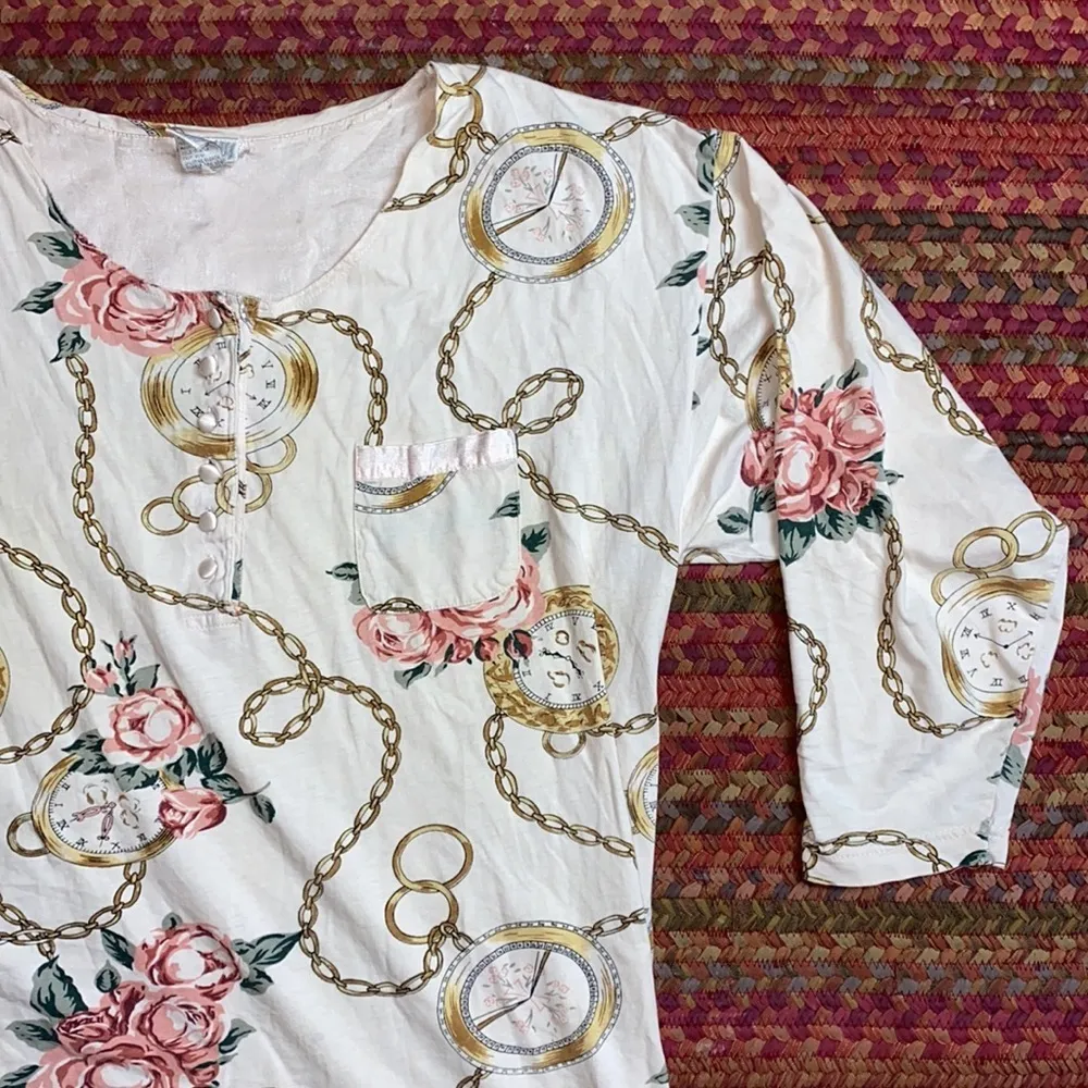 80s VINTAGE ROSE FLORAL CHAIN HENLEY TEE SHIRT DRESS Pink Size M - Image 2