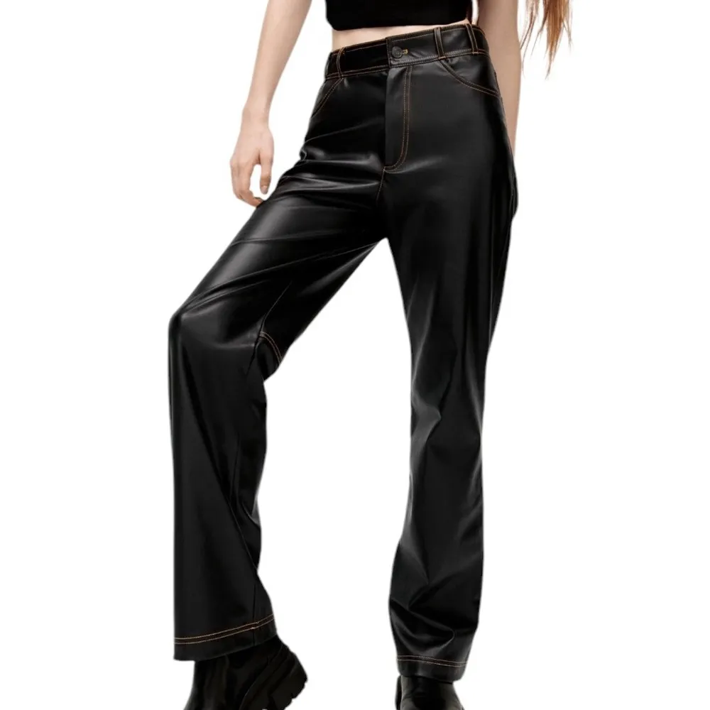 NWT ZARA Pants Faux Leather Vegan Straight Leg Contrast Stitching Black Size M - Image 2