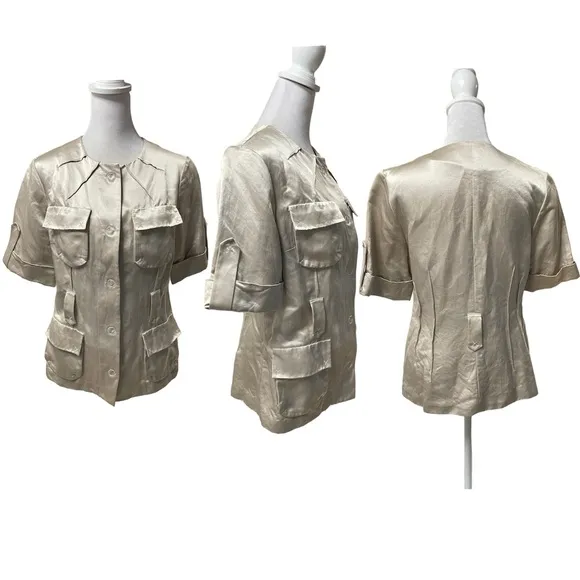 Rickie Freeman Teri Jon Beige Women's Silk Blend Short Sleeve Blouse Size 6 - Image 2