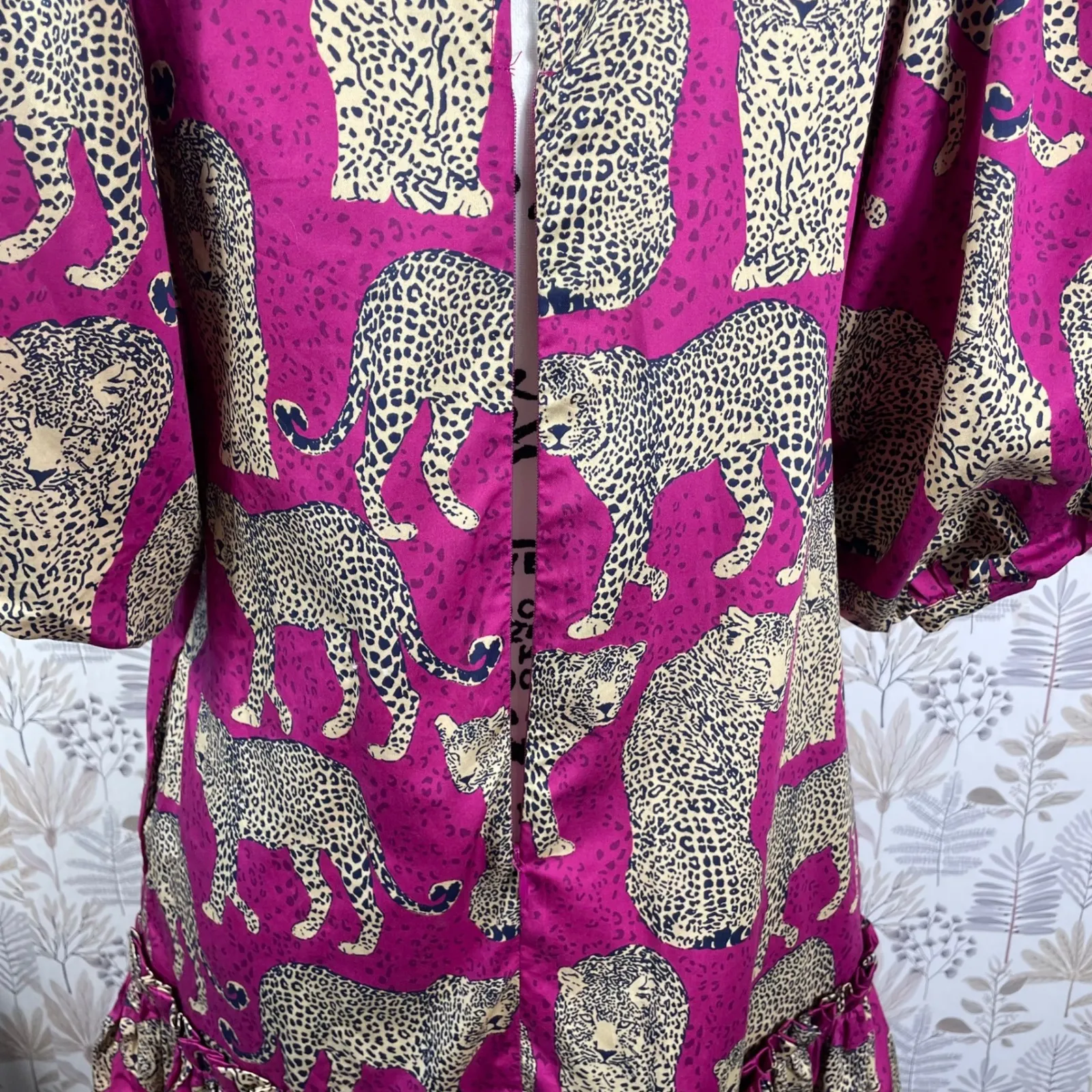 Tyler‎ Böe Leopard Cheetah Print Ruffle Hem Dress Pink Magenta Puff Sleeve XS - Image 9