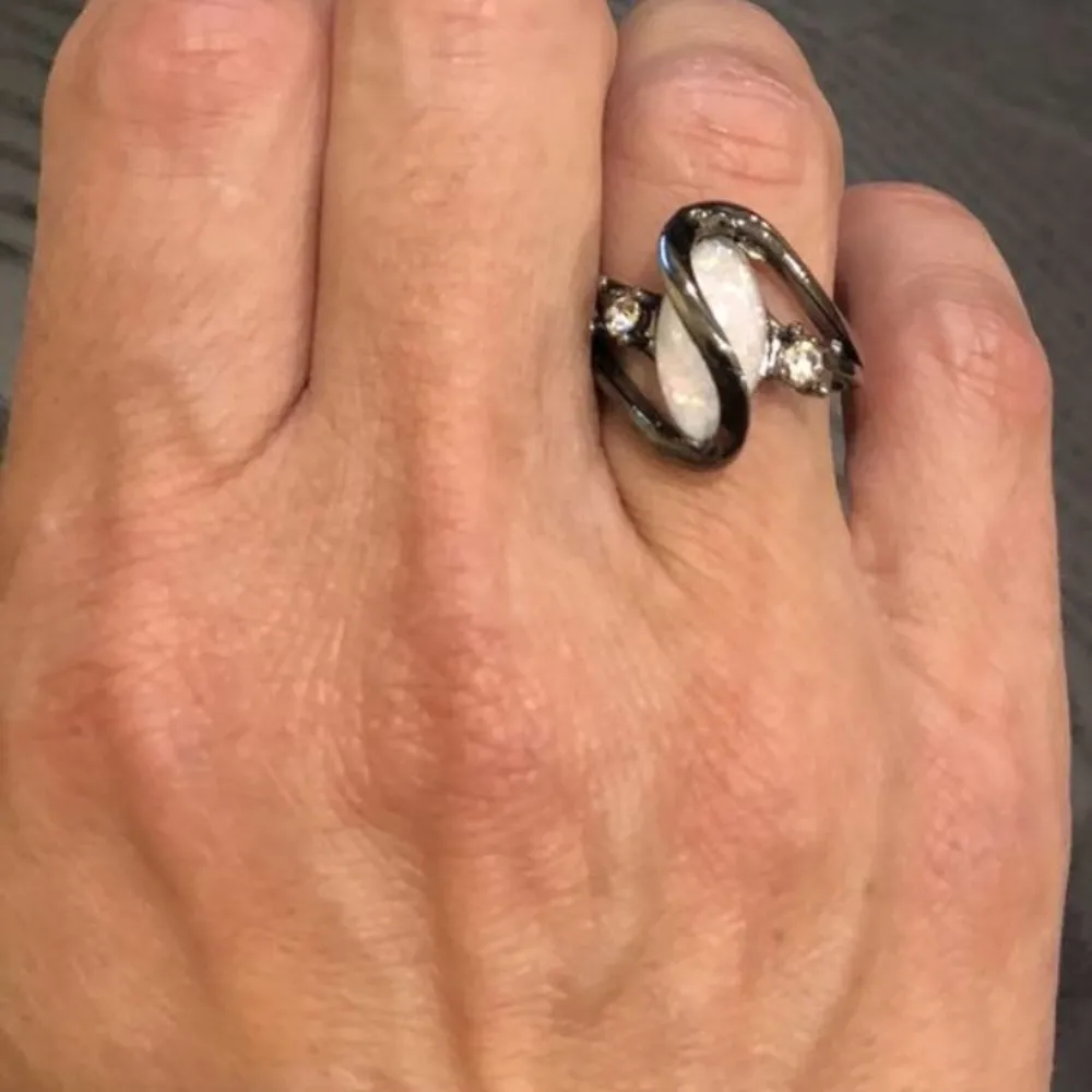 Marquise White Opal Black 925 Ring Size 6 1/2 - Image 2