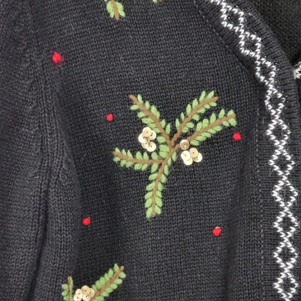Vintage Winter Cardigan Womens M Black Red Cardinal Holly Holiday Embroidery - Image 11