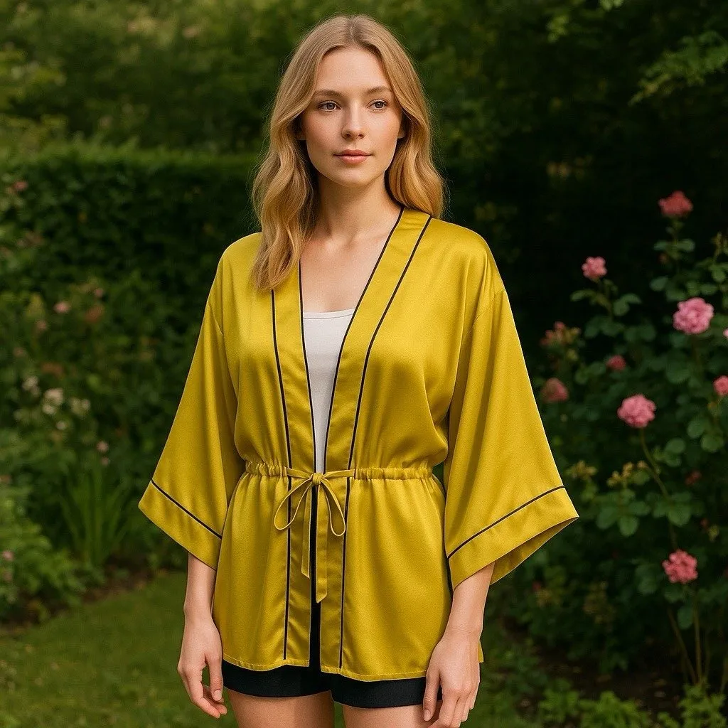 Ruyi Chartreuse Satin Batwing Tie Front Kimono Festival Fairy Whimsical Boho OS Yellow Size undefined - Image 2