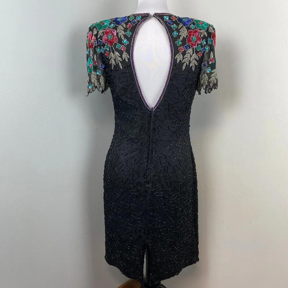 Vintage 80s Scala Black Fully Beaded Floral Silk Sheath Cocktail Dress Size 6 - Image 6