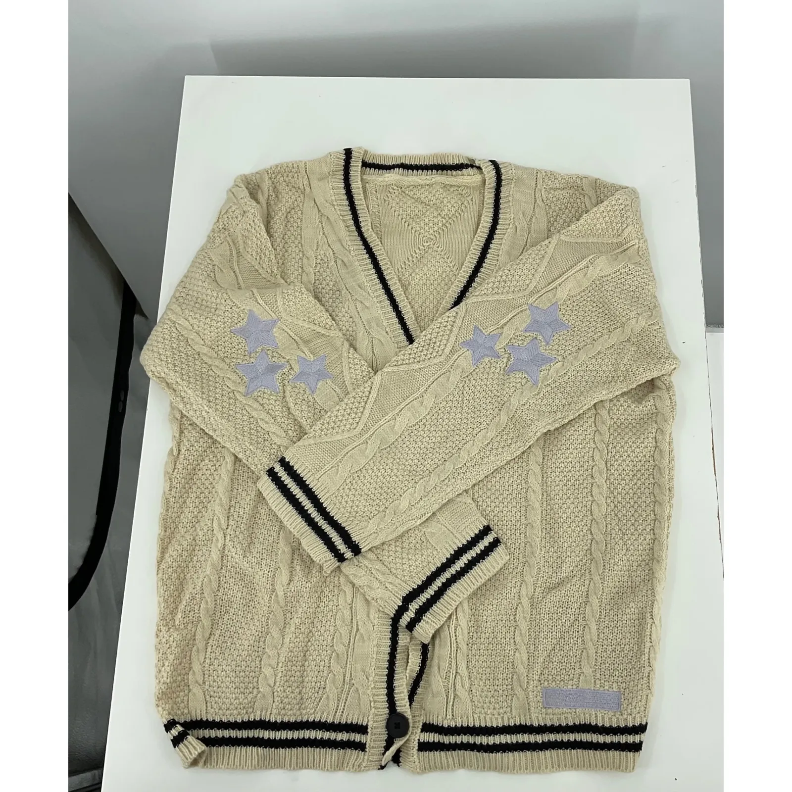 Women's Cardigan Star Embroidery Knit Open Front Cardigan V Neck Long‎ Sleeve - Image 4