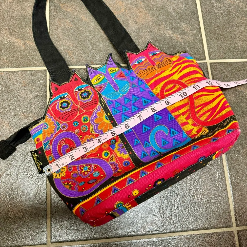 Laurel Burch Medium Zip Top Cat Tote Purse Bag Tres Gatos Canvas Red - Image 9