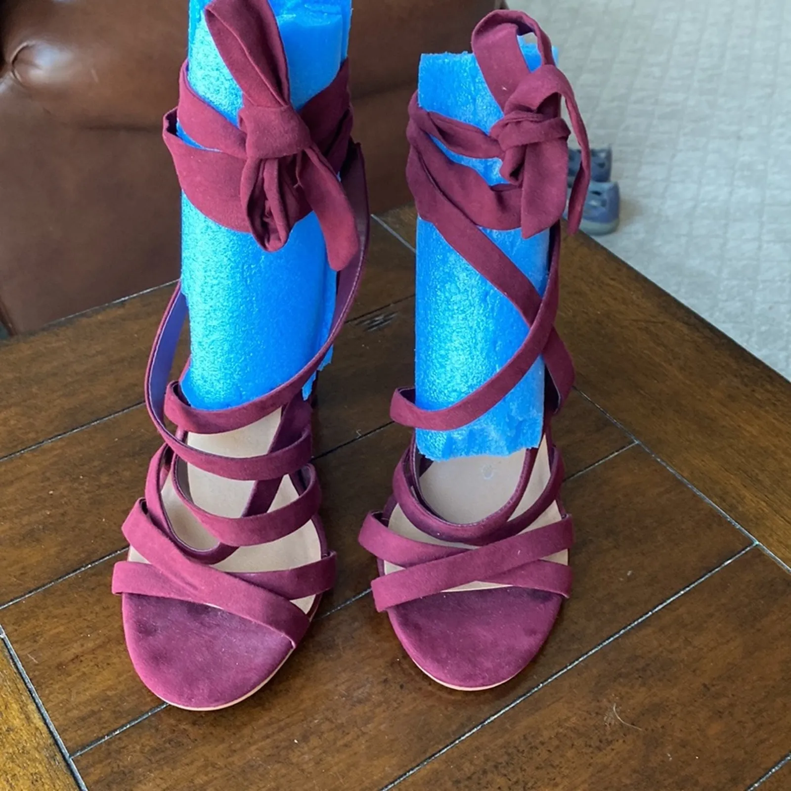 Torrid maroon strappy heels faux suede chunky heel holiday wedding  size 10.5W - Image 3