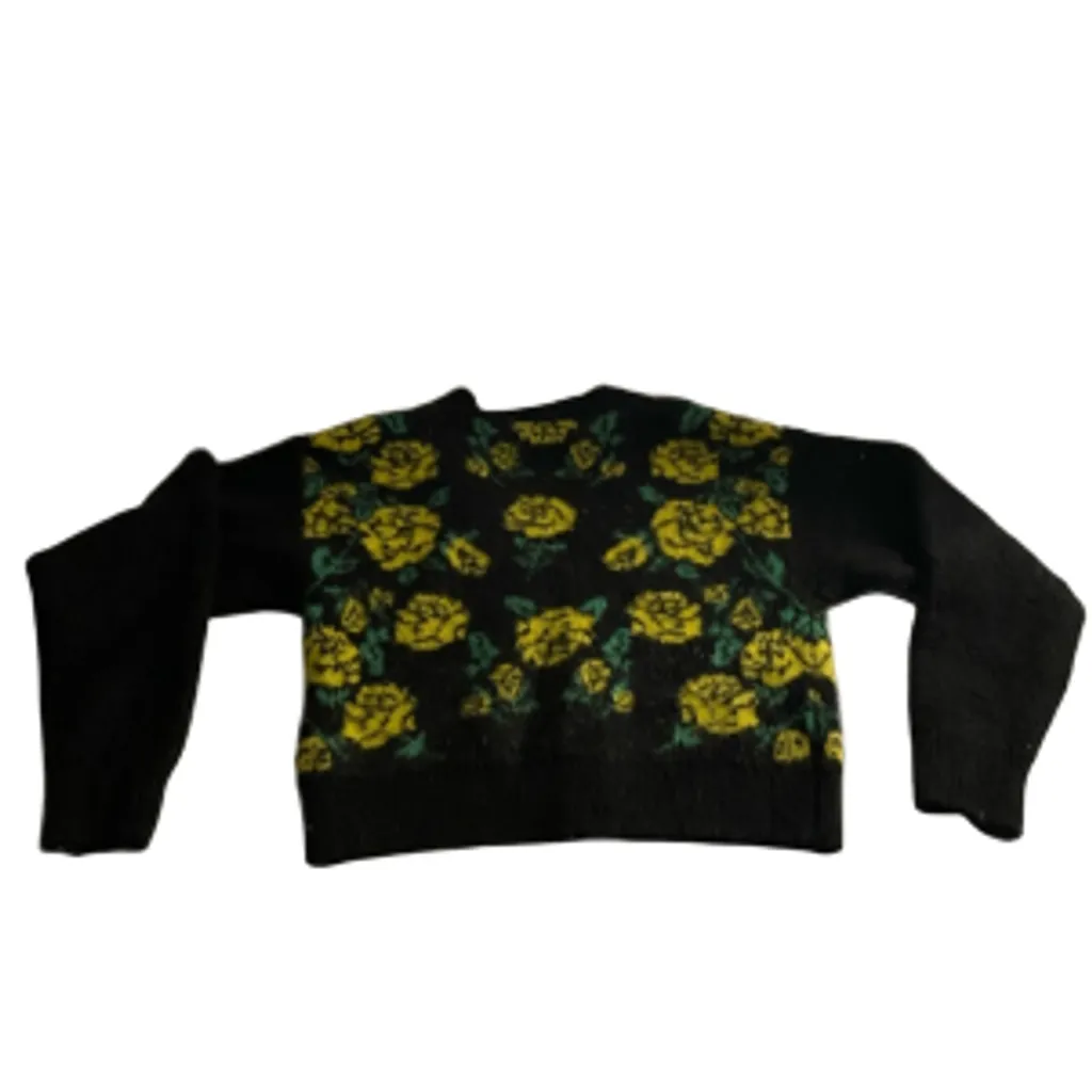 Grunge Floral Cropped Y2K Knit Cardigan Black Yellow Rose Forever 21 Small - Image 5